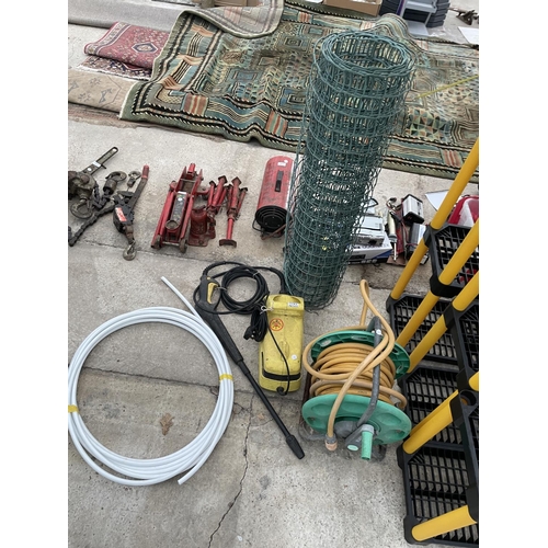 2308R - AN ASSORTMENT OF ITEMS TO INCLUDE A KARCHER PRESSURE WASHER, HOSE REEL, ETC