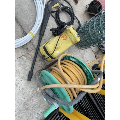 2308R - AN ASSORTMENT OF ITEMS TO INCLUDE A KARCHER PRESSURE WASHER, HOSE REEL, ETC