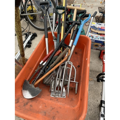 2308I - A WHEELBARROW AND GARDEN TOOLS TO INCLUDE STAINLESS STEEL GARDEN FORKS, ETC