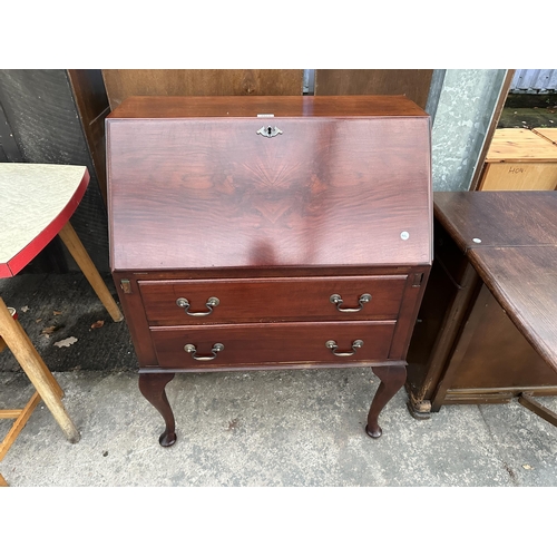 2973 - A MAHOGANY BUREAU ON CABRIOLE SUPPORTS WITH FALL FRONT AND TWO DRAWERS