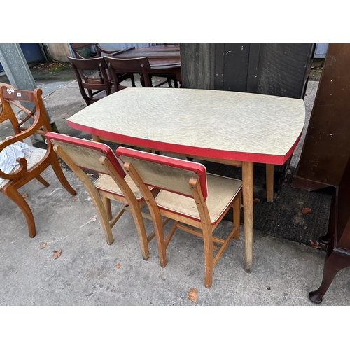 2974 - A RETRO 1960s FORMICA TOPPED KITCHEN TABLE AND TWO MATCHING CHAIRS