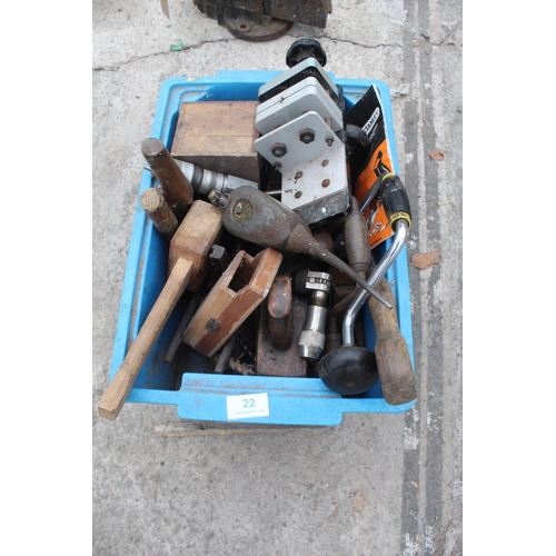 22 - BOX OF VARIOUS PLANES AND WOOD WORK TOOLS  NO VAT