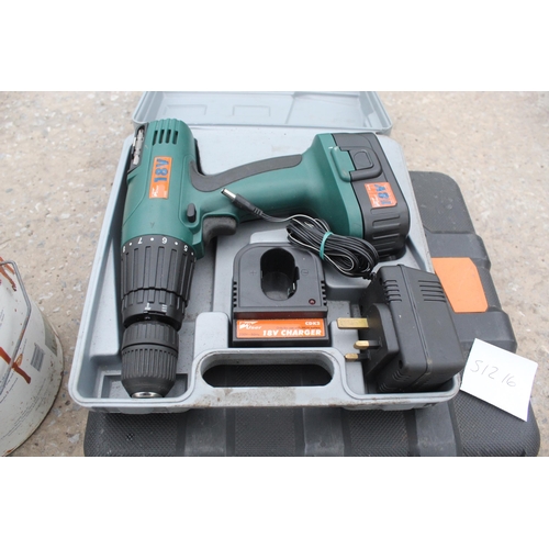 63 - DRILL CASE & 18V PRO USER BATTERY DRILL & TUB OF PLASTER BOARD NAILS - NO VAT