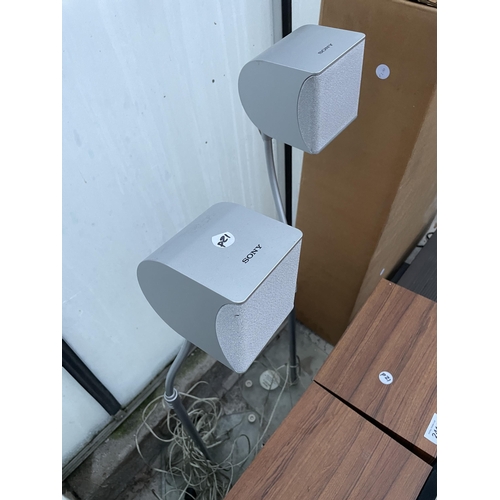 2411 - A PAIR OF WOODEN CASED PANASONIC SPEAKERS AND A PAIR OF SONY SPEAKERS ON STANDS