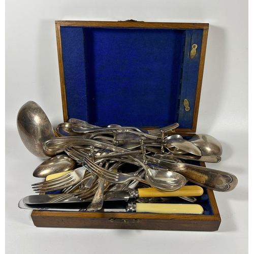 122 - A BOX OF ASSORTED SILVER PLATED ITEMS TO INCLUDE FRENCH CHRISTOFLE LARGE LADLE, WALKER AND HALL ITEM... 