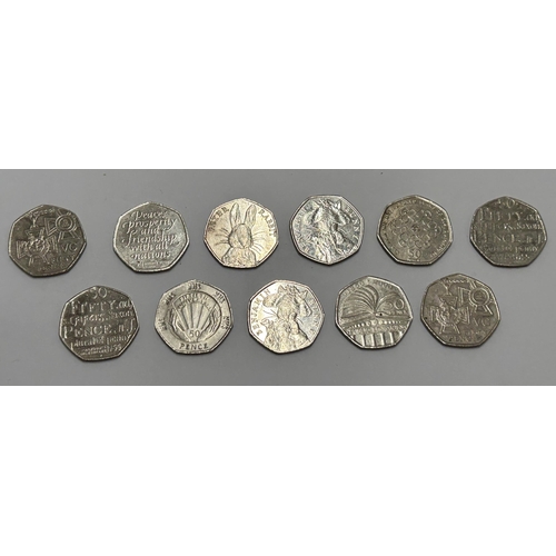 370 - ELEVEN VARIOUS COLLECTABLE FIFTY PENCE PIECES TO INCLUDE, PETER RABBIT, ETC