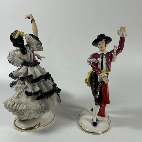 73 - A PAIR OF VINTAGE ALKA DRESDEN LACE CONTINENTAL PORCELAIN FIGURES OF DANCERS