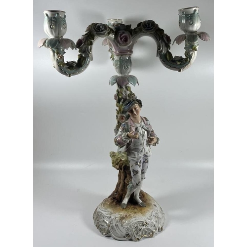 74 - A LARGE ANTIQUE VOLKSTEDT PORCELAIN FIGURAL CANDELSTICK, MARKED TO BASE, TOP A/F, HEIGHT 33CM