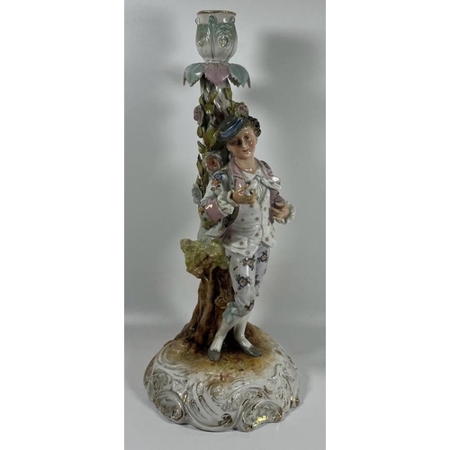 74 - A LARGE ANTIQUE VOLKSTEDT PORCELAIN FIGURAL CANDELSTICK, MARKED TO BASE, TOP A/F, HEIGHT 33CM