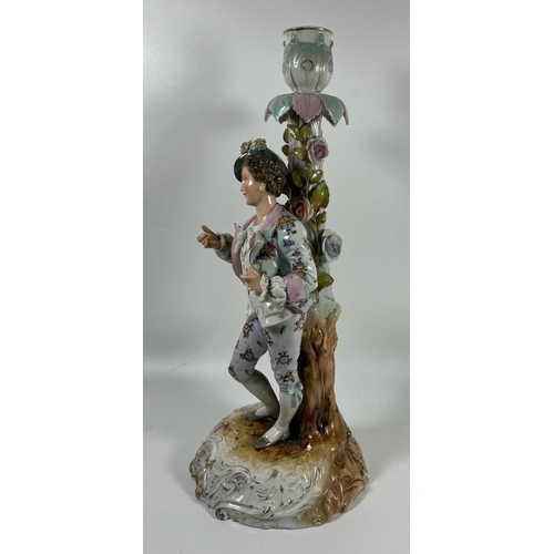 74 - A LARGE ANTIQUE VOLKSTEDT PORCELAIN FIGURAL CANDELSTICK, MARKED TO BASE, TOP A/F, HEIGHT 33CM