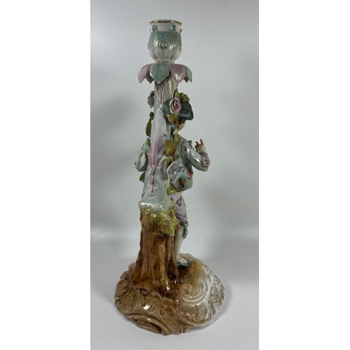 74 - A LARGE ANTIQUE VOLKSTEDT PORCELAIN FIGURAL CANDELSTICK, MARKED TO BASE, TOP A/F, HEIGHT 33CM