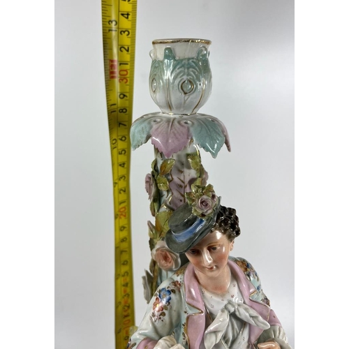 74 - A LARGE ANTIQUE VOLKSTEDT PORCELAIN FIGURAL CANDELSTICK, MARKED TO BASE, TOP A/F, HEIGHT 33CM