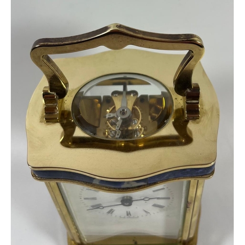 79 - A QUALITY ENGLISH ANGELUS BRASS CASED CARRIAGE CLOCK WITH LAPIS LAZULI BANDED DESIGN, WORKING AT TIM... 