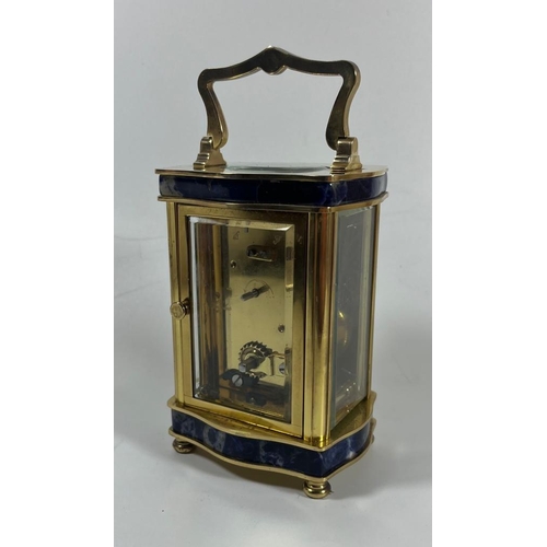 79 - A QUALITY ENGLISH ANGELUS BRASS CASED CARRIAGE CLOCK WITH LAPIS LAZULI BANDED DESIGN, WORKING AT TIM... 