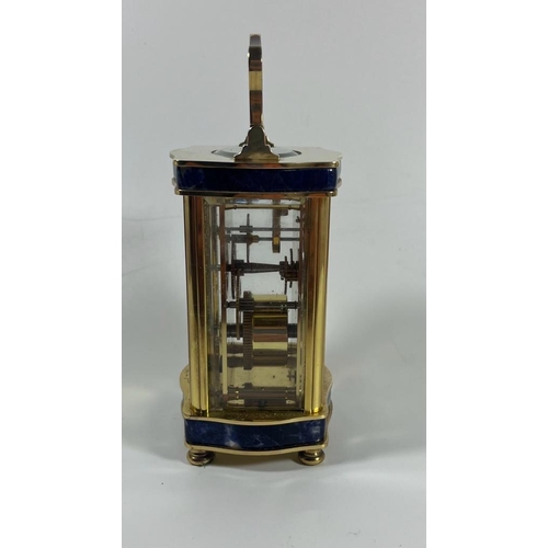 79 - A QUALITY ENGLISH ANGELUS BRASS CASED CARRIAGE CLOCK WITH LAPIS LAZULI BANDED DESIGN, WORKING AT TIM... 