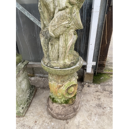 1501 - A DECORATIVE RECONSTITUTED STONE FIGURE OF A FEMALE CARRYING A WATER JUG ON A DECORATIVE RECONSTITUT... 