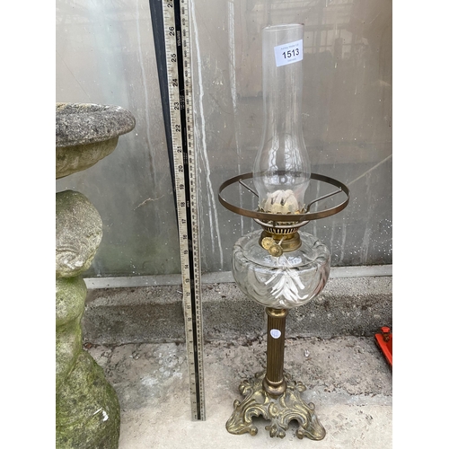 1513 - A VINTAGE BRASS OIL LAMP WITH GLASS FUNNEL