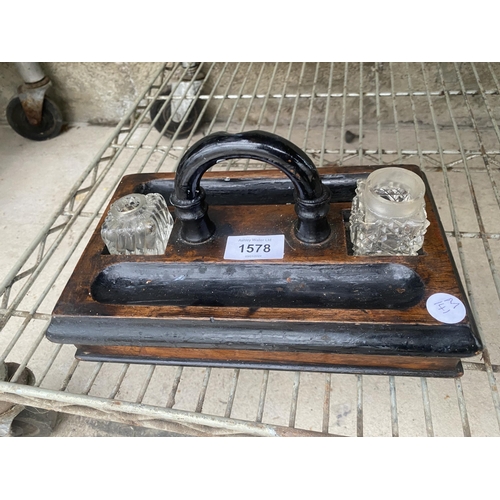 1578 - A VINTAGE WOODEN INK WELL STAND COMPLETE WITH GLASS POTS