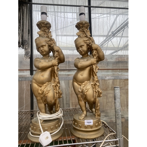 1604 - A APIR OF HEAVY PLASTER CHERUB TABLE LAMPS