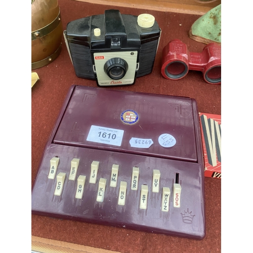 1610 - AN ASSORTMENT OF VINTAGE AND RETRO ITEMS TO IBNCLUDE CAMERAS AND BINOCULARS ETC