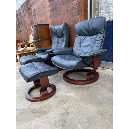 A STRESSLESS EKORNES SWIVEL RECLINER CHAIR AND STOOL