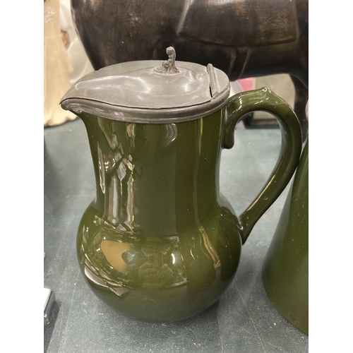 134 - FOUR VICTORIAN PEWTER LIDDED JUGS IN GOOD CONDITION