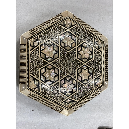 177 - A DAMASK, MOTHER OF PEARL INLAID HEXAGONAL BOX