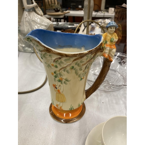 195 - A MIXED VINTAGE LOT TO INCLUDE A MYOTT'S ART DECO JUG, GLASSWARE, A JAPANESE CUP AND SAUCER WITH BIR... 