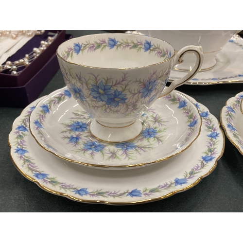 213 - A ROYAL ALBERT TUSCAN 'LOVE IN THE MIST' TEAPOT, CAKE PLATE AND TWO TRIOS, GOOD CONDITION