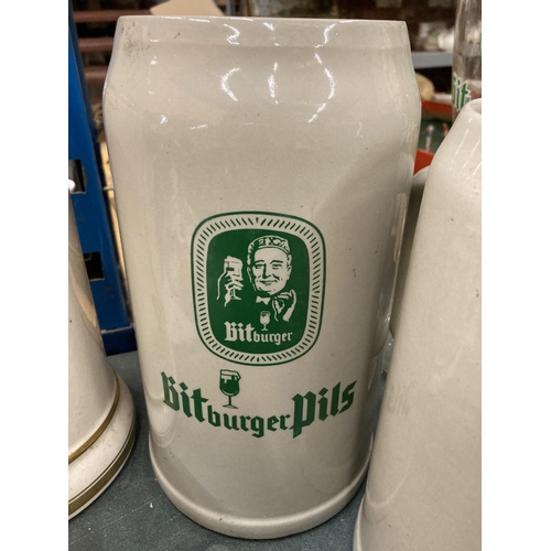 265 - THREE LARGE STONEWARE BITBURGER STEINS, TALLEST 26CM