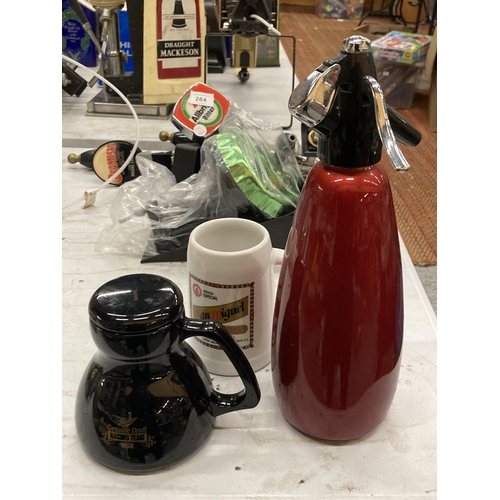 282 - A RAWLINGS SYPHON, MILLER LIDDED JUG AND SAN MIGUEL TANKARD