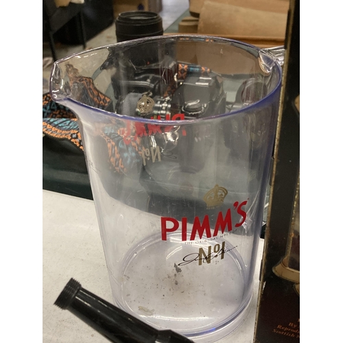 291 - A PIMM'S PITCHER, WHISKY TIN, TWO BEER MOTIFS AND A CARLSBERG TAP