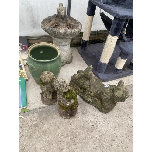 1645 - AN ASSORTMENT OF RECONSTITUTED STONE GARDEN FIGURES AND A BIRD BATH