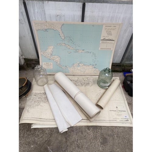 1648 - AN ASSORTMENT OF VINTAGE MAPS AND TWO GLASS DEMI JOHNS