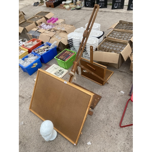 1666 - AN ASSORTMENT OF ITEMS TO INCLUDE TWO ARTISTS EASELS AND A JIGSAW STORAGE TABLE ETC