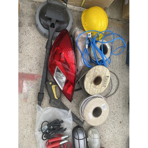 1672 - AN ASSORTMENT OF ITEMS TO INCLUDE JUMP LEADS, A CAR REAR LIGHT AND ELECTRIC CABLE ETC