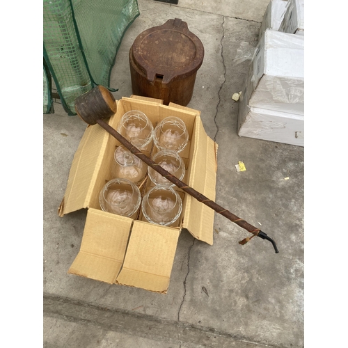 1745 - SIX CUT GLASS BRANDY BALOONS, A WOODEN SHILLELAGH AND A WOODEN LIDDED BOX