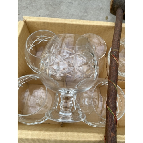 1745 - SIX CUT GLASS BRANDY BALOONS, A WOODEN SHILLELAGH AND A WOODEN LIDDED BOX