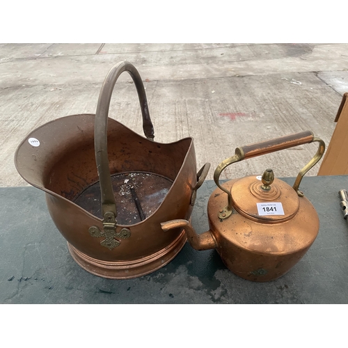 1841 - A VINTAGE COPPER COAL BUCKET AND A VINTAGE COPPER KETTLE