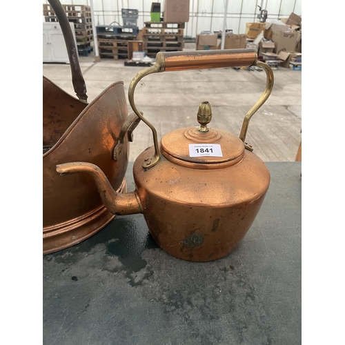 1841 - A VINTAGE COPPER COAL BUCKET AND A VINTAGE COPPER KETTLE