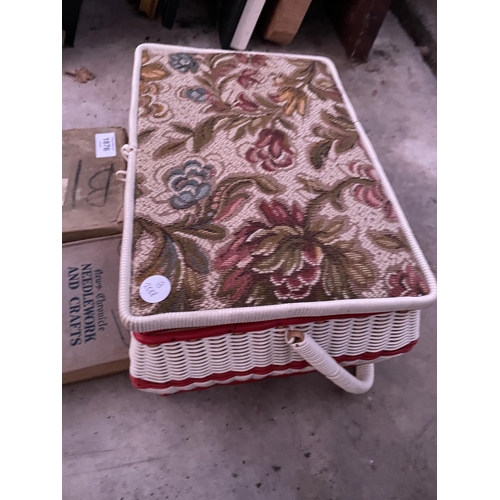 1876 - A SEWING BOX WITH SEWING ITEMS AND TWO NEEDLEWORK BOOKS