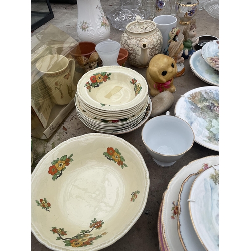 1880 - AN ASSORTMENT OF CERAMIC ITEMS TO INCLUDE A SMALL JARDINAIRE AND STAND, PLATES AND CUPS ETC