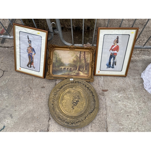 1936 - THREE FRAMED PRINTS AND A BRASS CHARGER