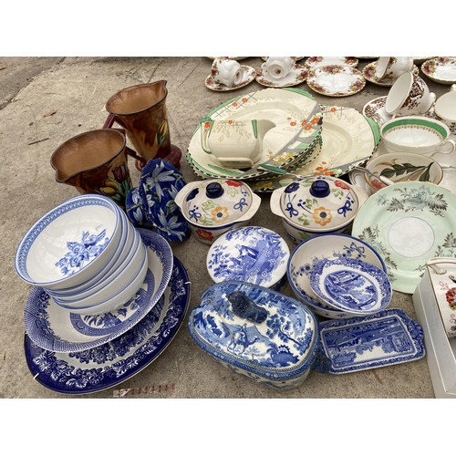 1951 - AN ASSORTMENT OF CERAMICS TO INCLUDE CUPS AND BLUE AND WHITE ITEMS ETC