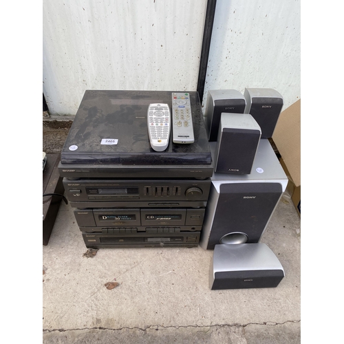 2405 - A SHARP STEREO SYSTEM AND VARIOUS SONY SPEAKERS