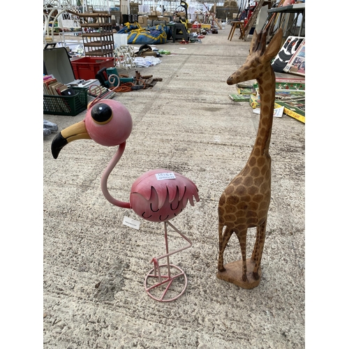 1615A - TWO TALL SAFARI ANIMAL FIGURES TO INCLUDE A TREEN GIRAFFE AND A METAL PINK FLAMINGO