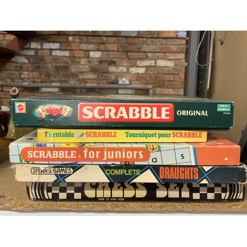 1026 - THREE SCRABBLE GAMES, ORIGINAL, TURNTABLE AND JUNIOR PLUS A SPEAR;S GAMES DRAUGHTS SET AND A CHESS S... 