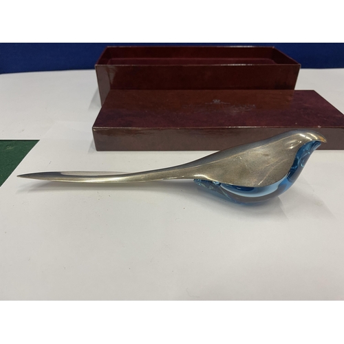 16 - A BOXED GEORG JENSON WAGTAIL MARKED SILVER AND BLUE GLASS LETTER OPENER (GLASS A/F BUT DISPLAYS WELL... 