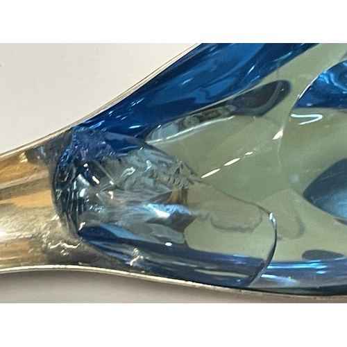 16 - A BOXED GEORG JENSON WAGTAIL MARKED SILVER AND BLUE GLASS LETTER OPENER (GLASS A/F BUT DISPLAYS WELL... 