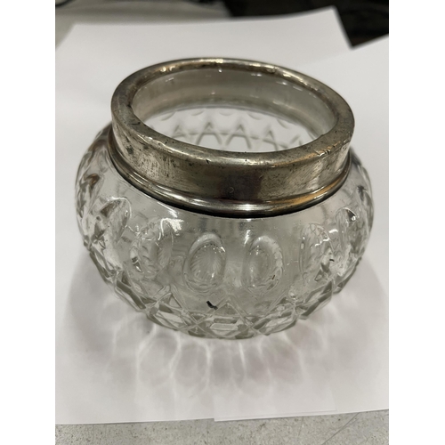 3 - THREE GLASS POTS WITH HALLMARKED SILVER 925 RIMS